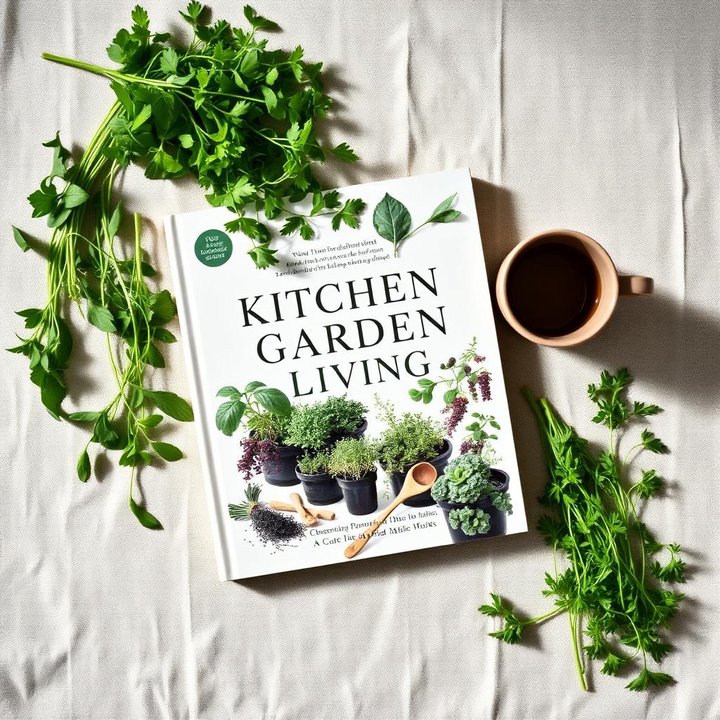 Kitchen Garden Living book cover styled with herbs and tea